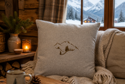 Housse de coussin brodée Montagne