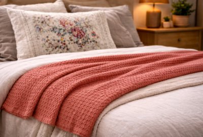 Plaid nid d'abeille 100% coton lavé Brique