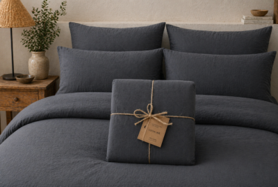 Linge de lit gris foncé en coton lavé