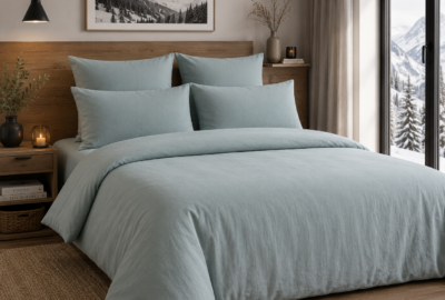 linge de lit en coton lavé water green dans chambre déco montagne moderne