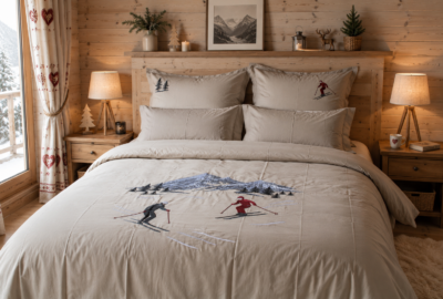 Housse de couette brodée Refuge des Sommets avec skieurs et sommets enneigés dans une chambre chalet de montagne haut de gamme.