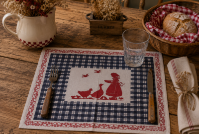 Set de table campagne vichy bleu et blanc – Décor fermière & animaux de la ferme – 40,5 x 49,5 cm