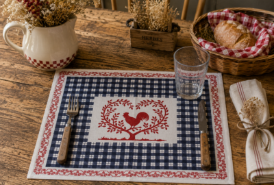 Set de table campagne vichy bleu et blanc – Décor coeur et coq – 40,5 x 49,5 cm