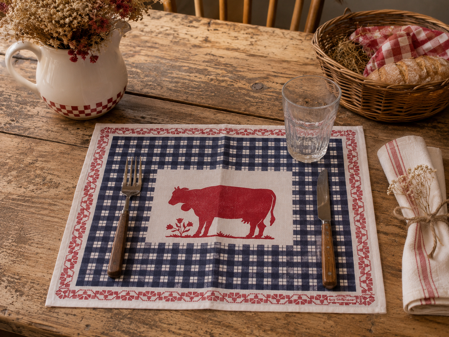 Set de table campagne vichy bleu et blanc – Décor vache – 40,5 x 49,5 cm
