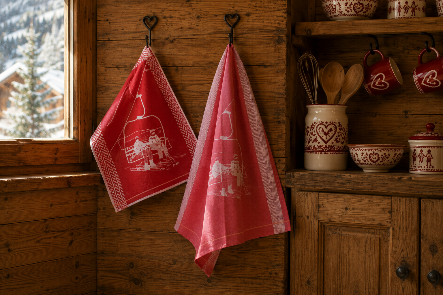 linge de cuisine Skieurs rouge