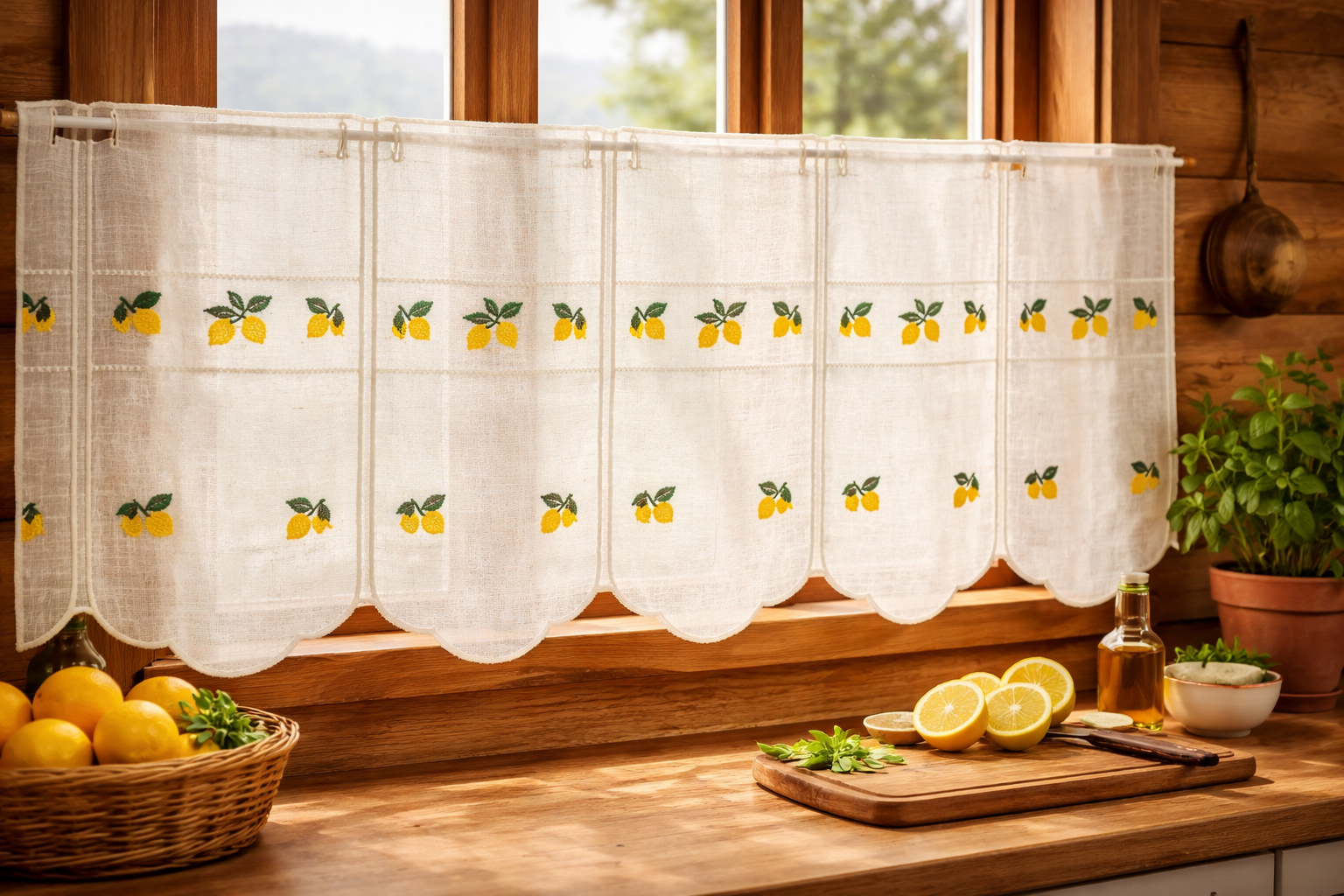 La corde à Linge - L'esprit montagne - voilages rideaux bain linge de maison Vosges Gérardmer brise bise citrons brodés menton voilage cuisine campagne