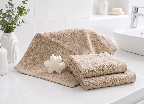 Serviettes et linge de bain beige pliés sur un meuble de salle de bain lumineux