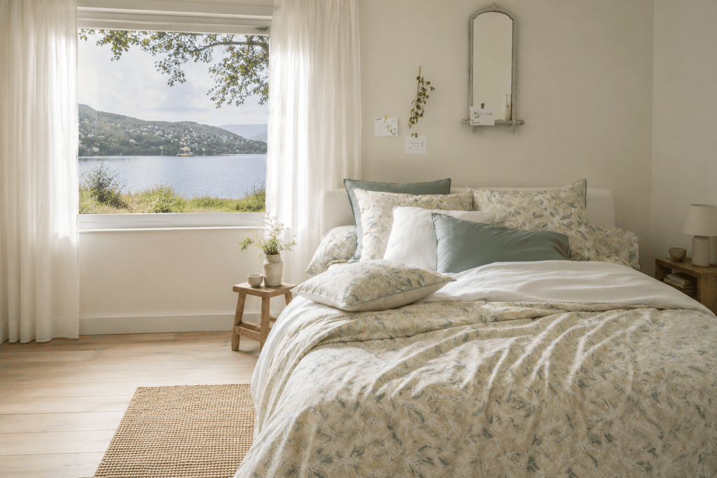 Chambre chaleureuse avec parure de lit, coussins décoratifs et vue sur le lac de Gérardmer
