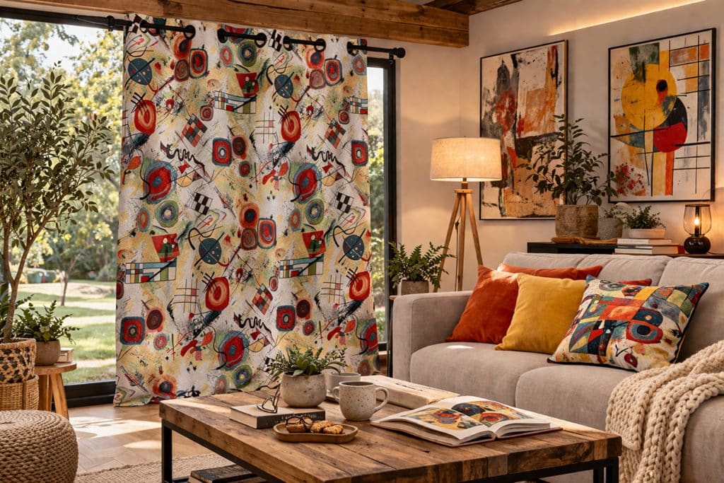 Rideau à œillets avec motifs colorés installé dans un salon chaleureux avec canapé et coussins assortis