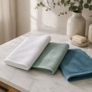 Carrés éponge 30 × 30 cm blanc, céladon et bleu dans une salle de bain