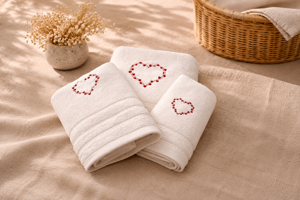 Serviettes blanches brodées avec des cœurs rouges sur un tissu beige