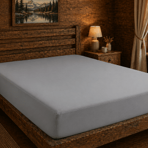 Drap-housse gris uni installé sur un lit dans une chambre en bois esprit montagne