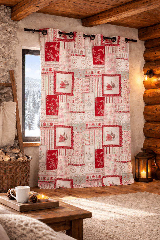 Rideau à œillets rouge et blanc à motifs montagne dans une ambiance chalet