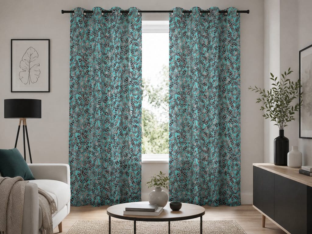Rideaux à œillets bleus avec motifs végétaux installés devant une fenêtre de salon