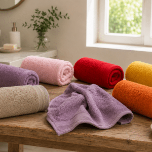 Serviettes de toilette en éponge colorées dans une salle de bain lumineuse