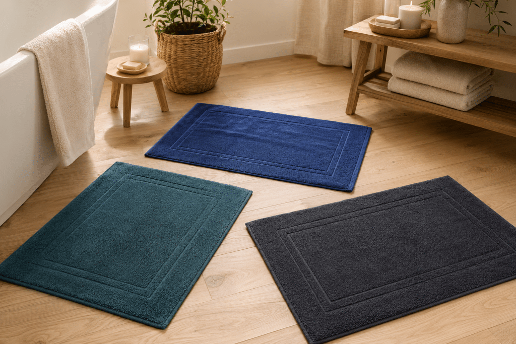 Trois tapis de bain en coton bleu, lagon et noir posés sur un sol en bois clair