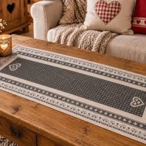 chemin de table jacquard motifs coeurs gris