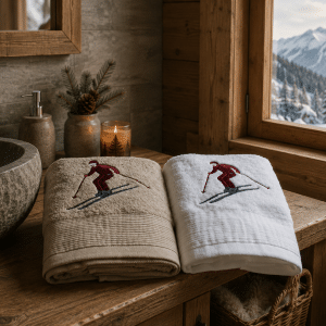 Détail des broderies skieur Refuge des Sommets sur éponge beige et blanche
