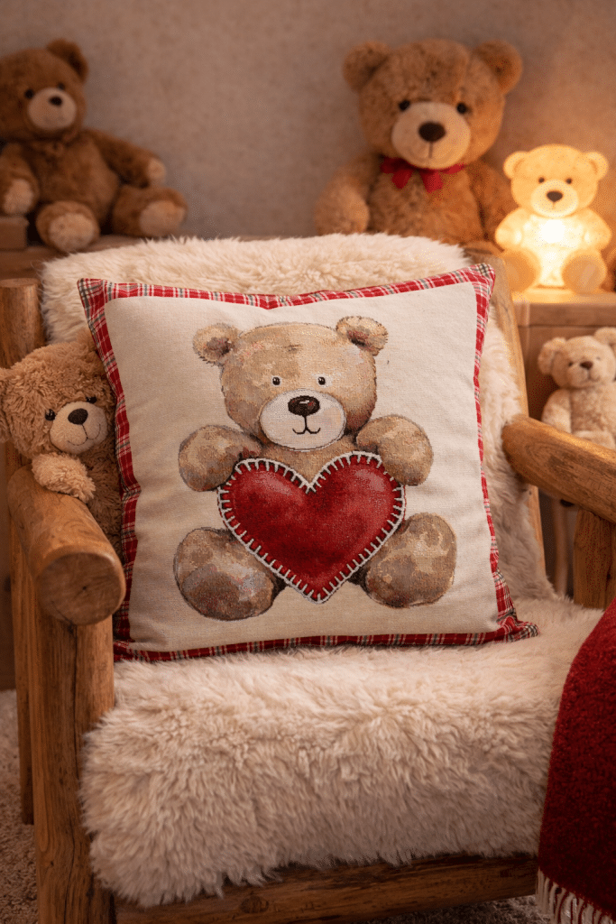 Housse de coussin jacquard Ourson cœur 45cm x 45cm – vue d’ensemble