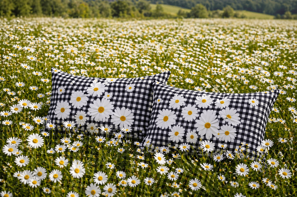Taies Pâquerettes sur fond vichy, percale de coton L’Esprit Montagne
